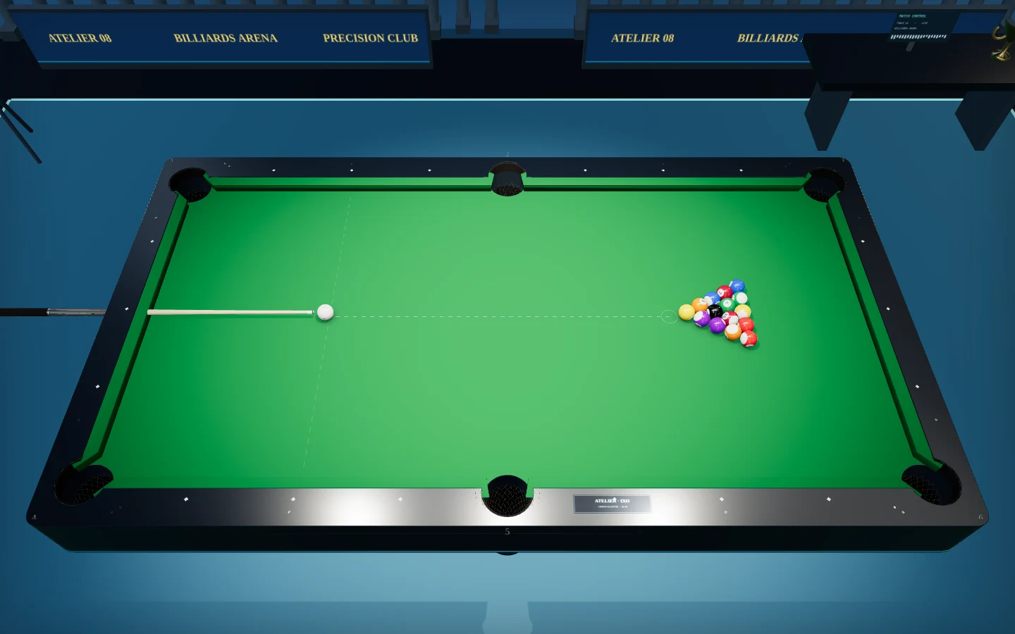 Green cloth pool table and balls in Rackbi